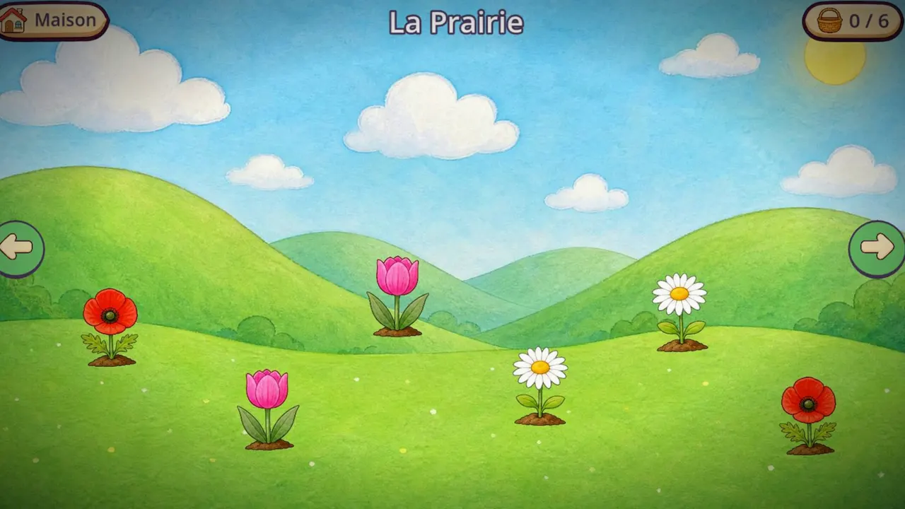 Écran « La Prairie » : des fleurs à cueillir, avec des flèches pour changer de lieu