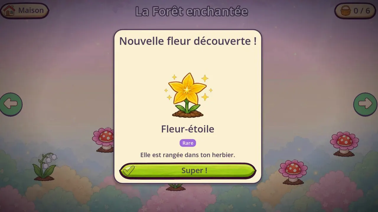 Fenêtre « Nouvelle fleur découverte ! » montrant la Fleur-étoile, rangée dans l'herbier