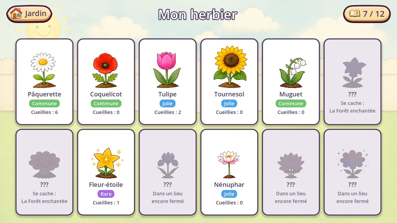 Écran « Mon herbier » : des cartes de fleurs, certaines découvertes et d'autres encore grisées