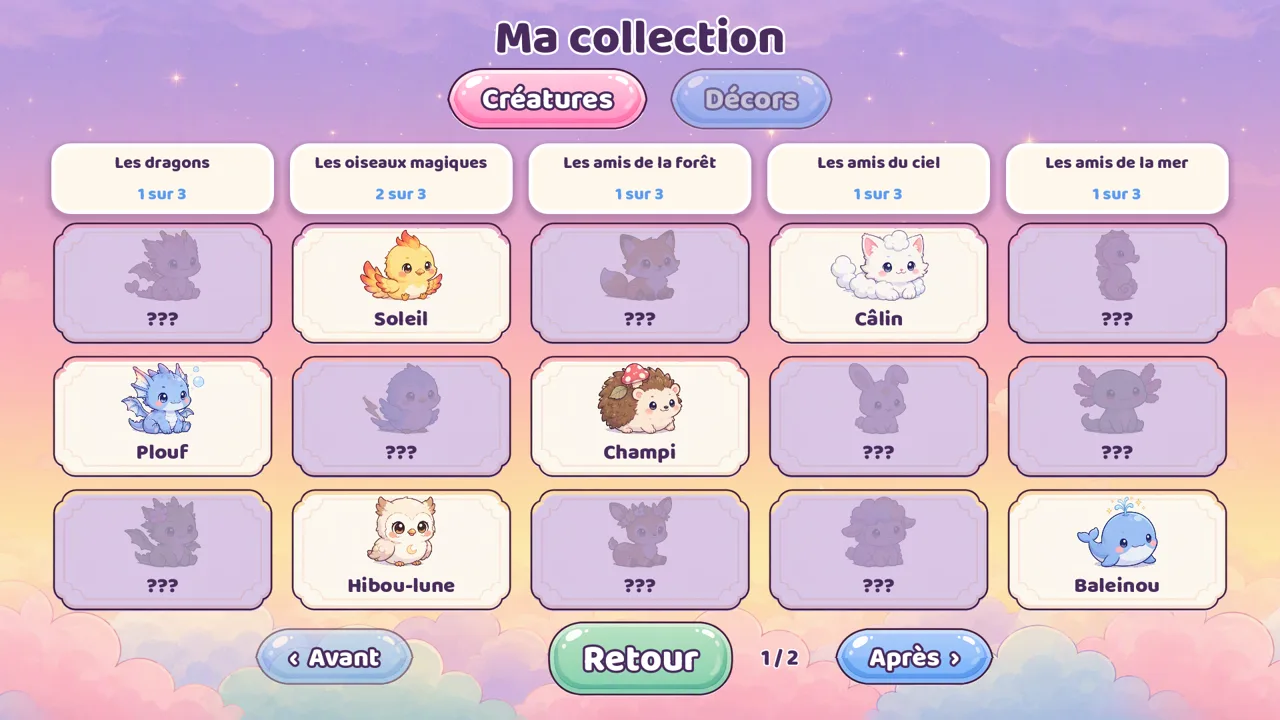 Écran « Ma collection » : des créatures découvertes et d'autres encore cachées