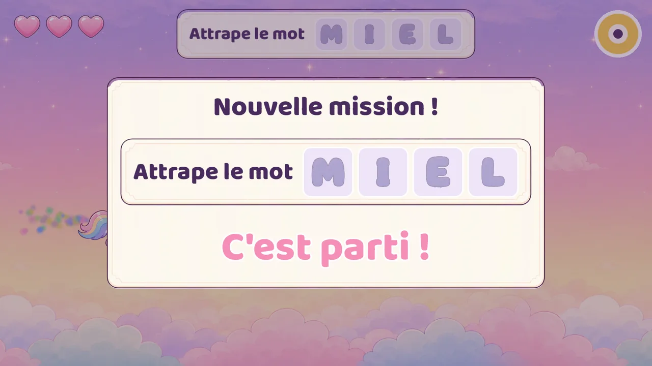 Écran « Nouvelle mission ! Attrape le mot MIEL — C'est parti ! »