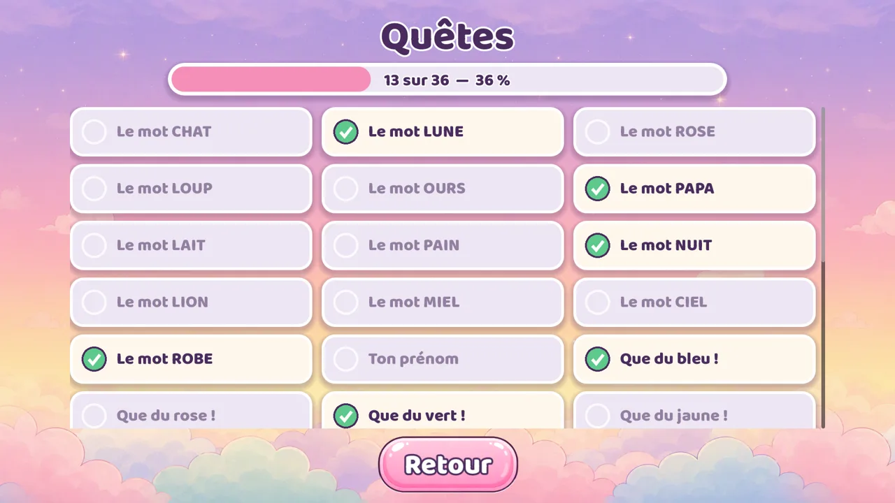 Écran « Quêtes » : liste des mots et couleurs déjà réussis, avec une barre de progression