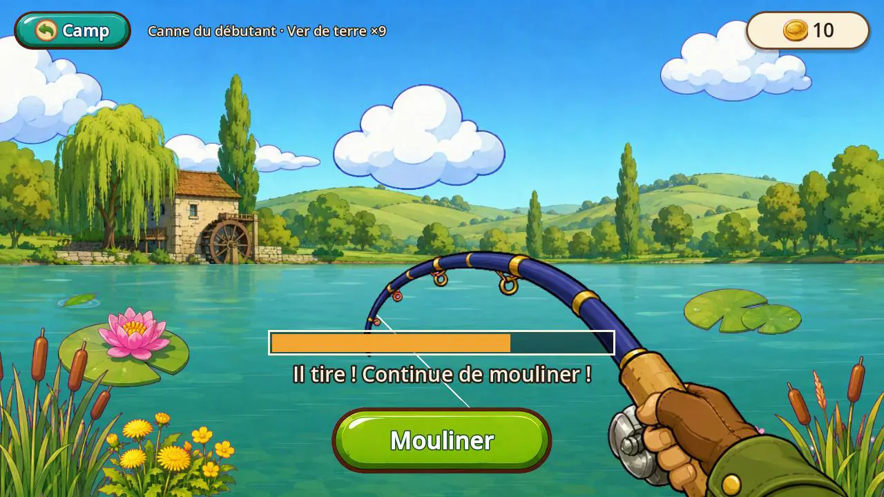 Écran de pêche : la canne est courbée, une barre indique la tension, le bouton « Mouliner » est affiché