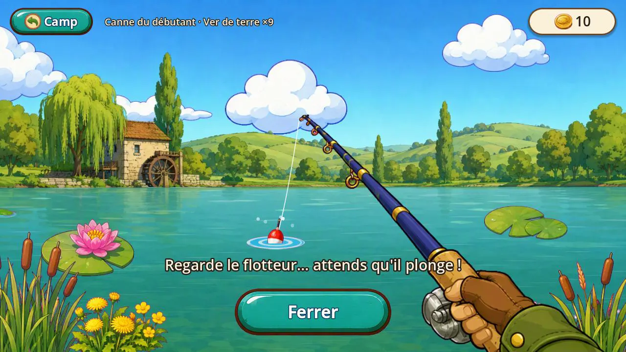 Écran de pêche : le flotteur s'enfonce dans l'eau, le bouton « Ferrer ! » apparaît